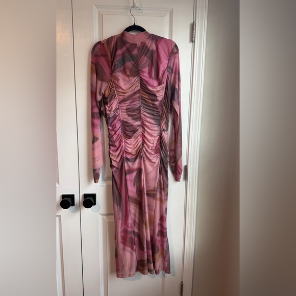 By Anthropologie Long-Sleeve Printed Mesh Midi Dress Pink Size XL - Picture 4 of 9